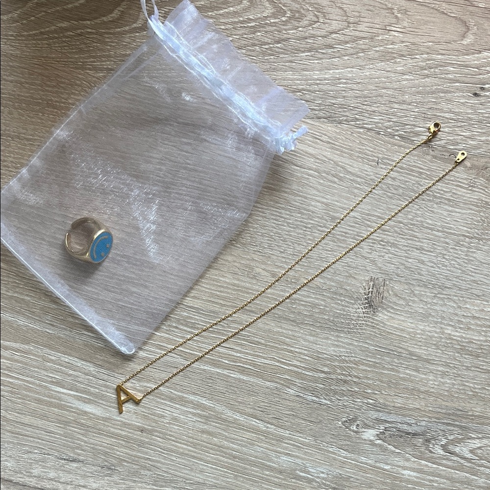 Gold Initial Necklace and Blue Smiley Ring (extra gift with necklace!)